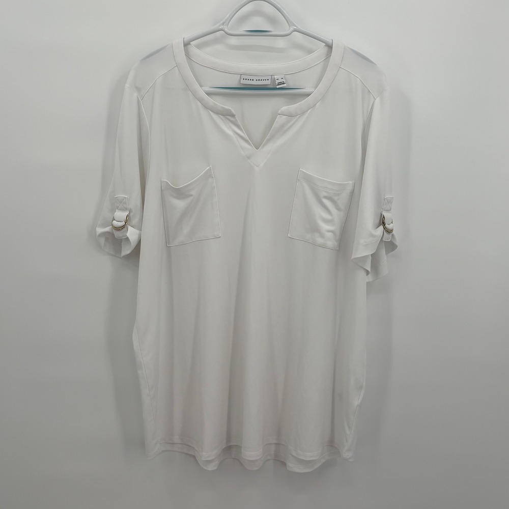 Susan Graver White Liquid Knit Notched V-Neck Top Gold D-Ring Sleeves XL A397768